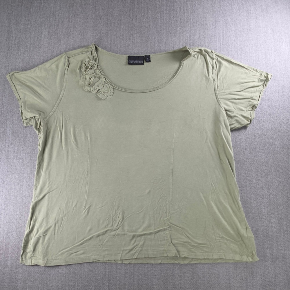 Pamela Dennis T-Shirt Womens 2X Sage Green Floral‎ Applique Rayon Spandex PD-1